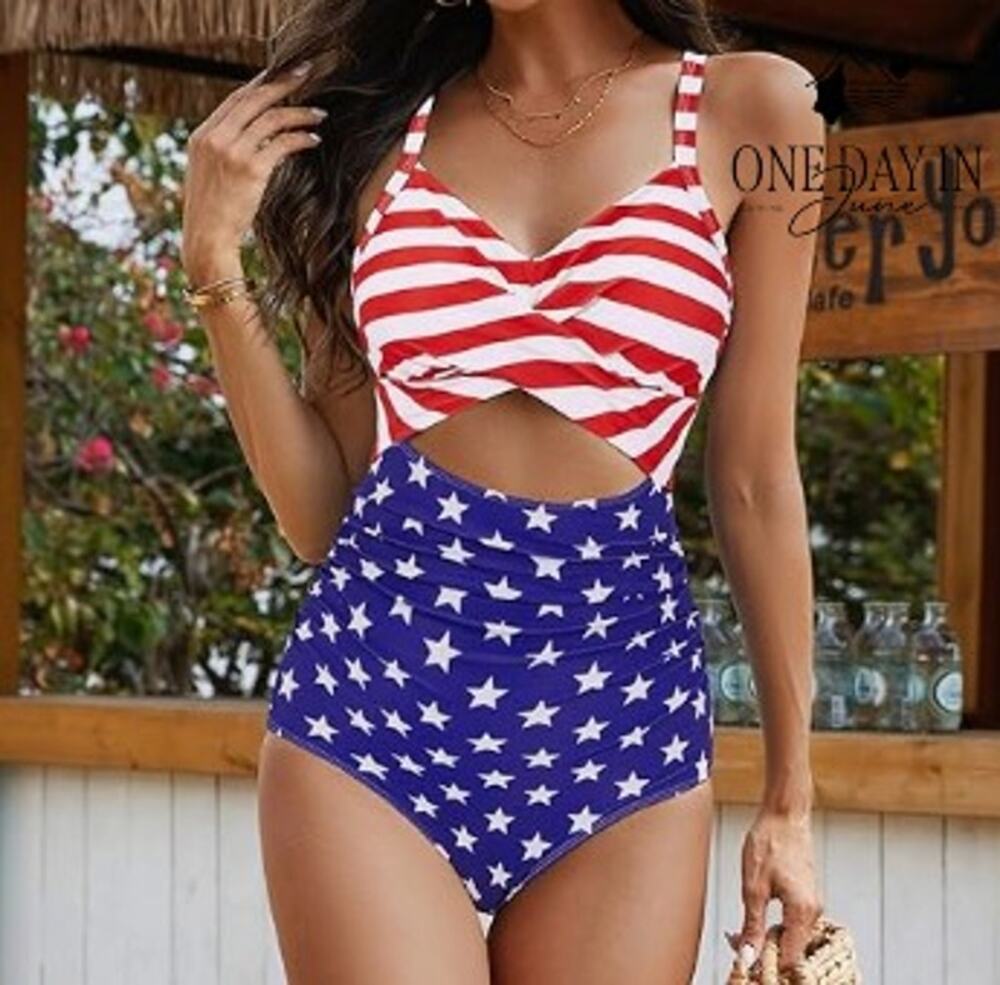 Vimpunec Cut Out Tie Back One Piece Swimsuit USA Flag Stars Stripes Size M